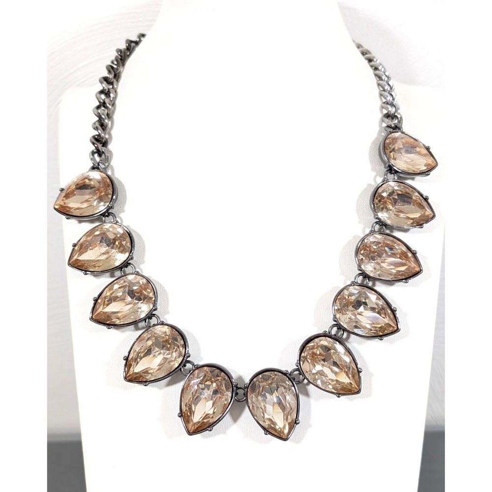Lane Bryant Champagne Teardrop Crystal Statement Necklace Gray Metal 22"